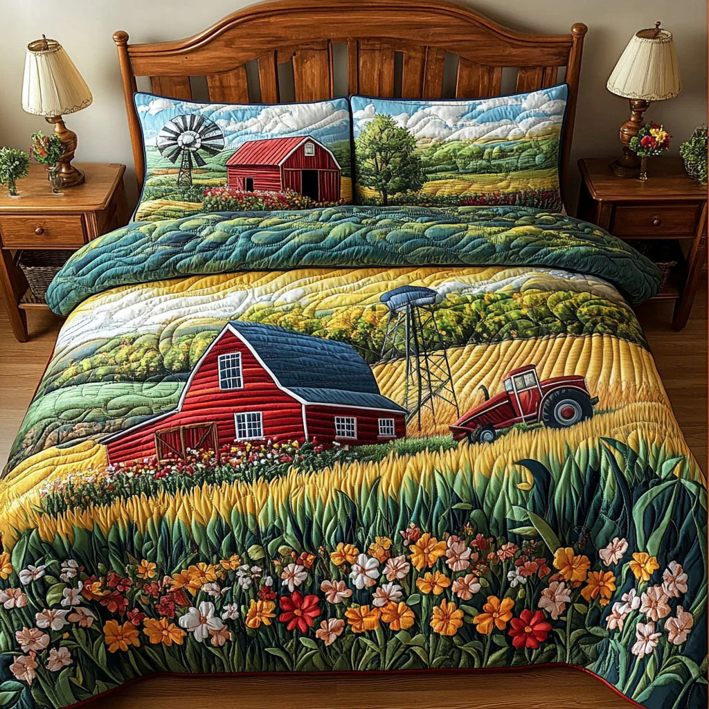 Agricultural Bliss Quilted Bedding Set Farmhouse Landscape Bed Sheet Set Gifts For Mom