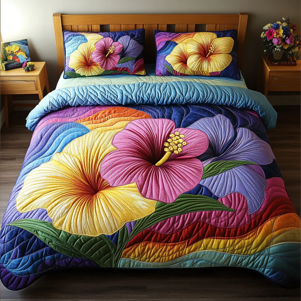 Aloha Blossom Quilted Bedding Set Hibiscus Flower Bedspread Set Unique Gifts Family