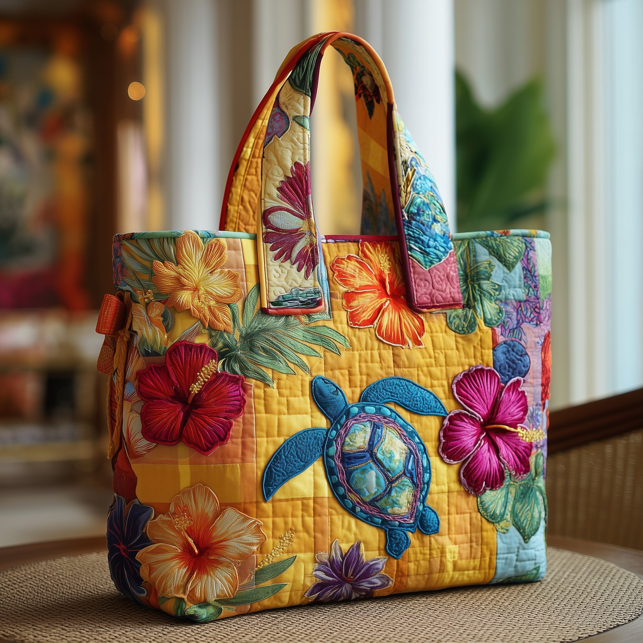 Aloha Turtle Quilted Tote Bag Tropical Themed Shoulder Bag Best Gifts For Turtle Lovers