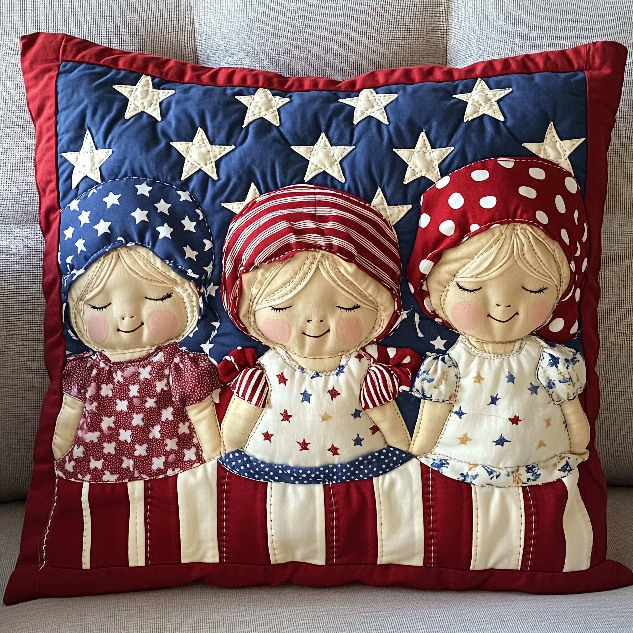 American Charm Sunbonnet Quilted Pillow Case Throw Pillow Cover ItemPatriotic Gifts For Her