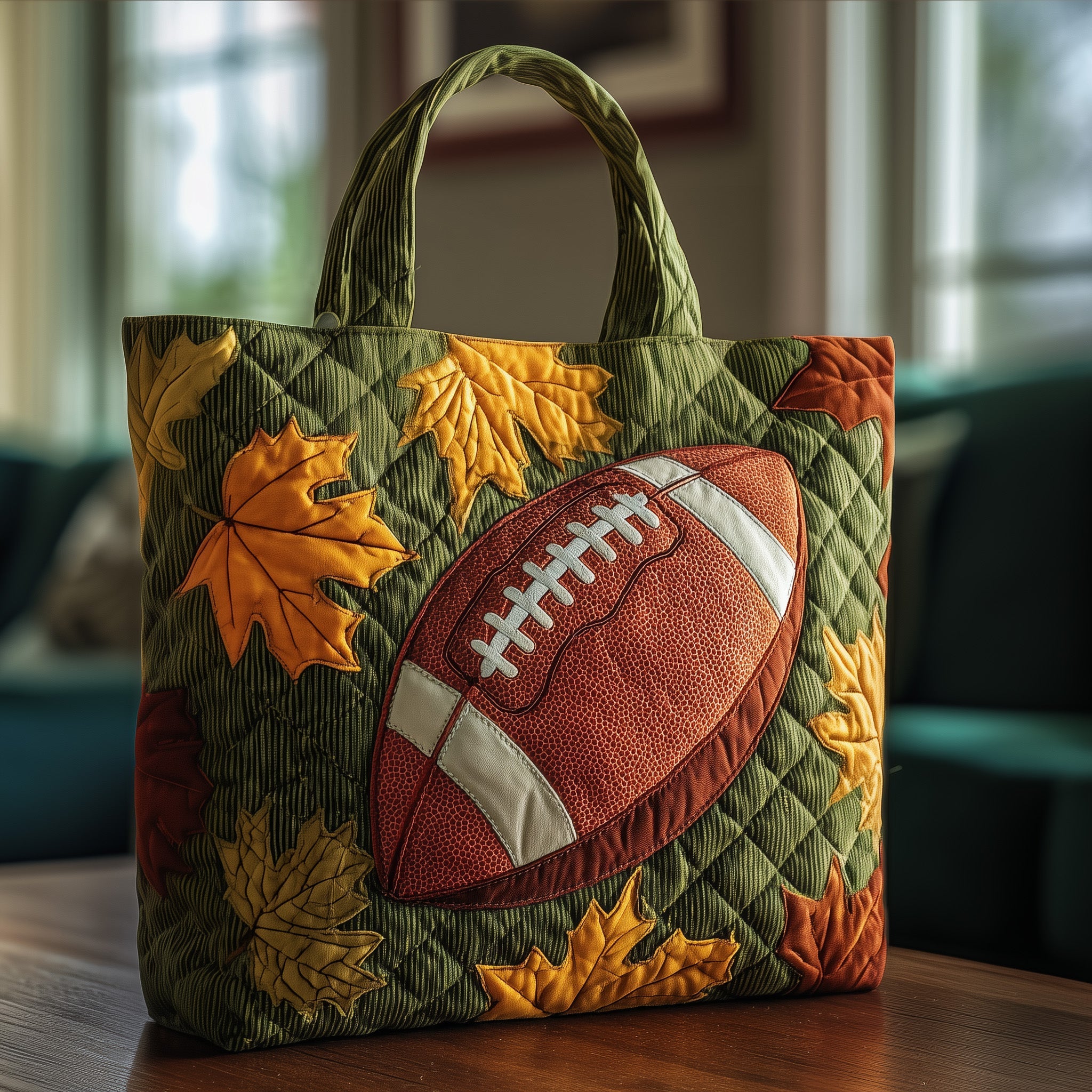 American Football Quilted Tote Bag Autumn Leaf Shoulder Bag For Women Gifts For FOotball Lovers