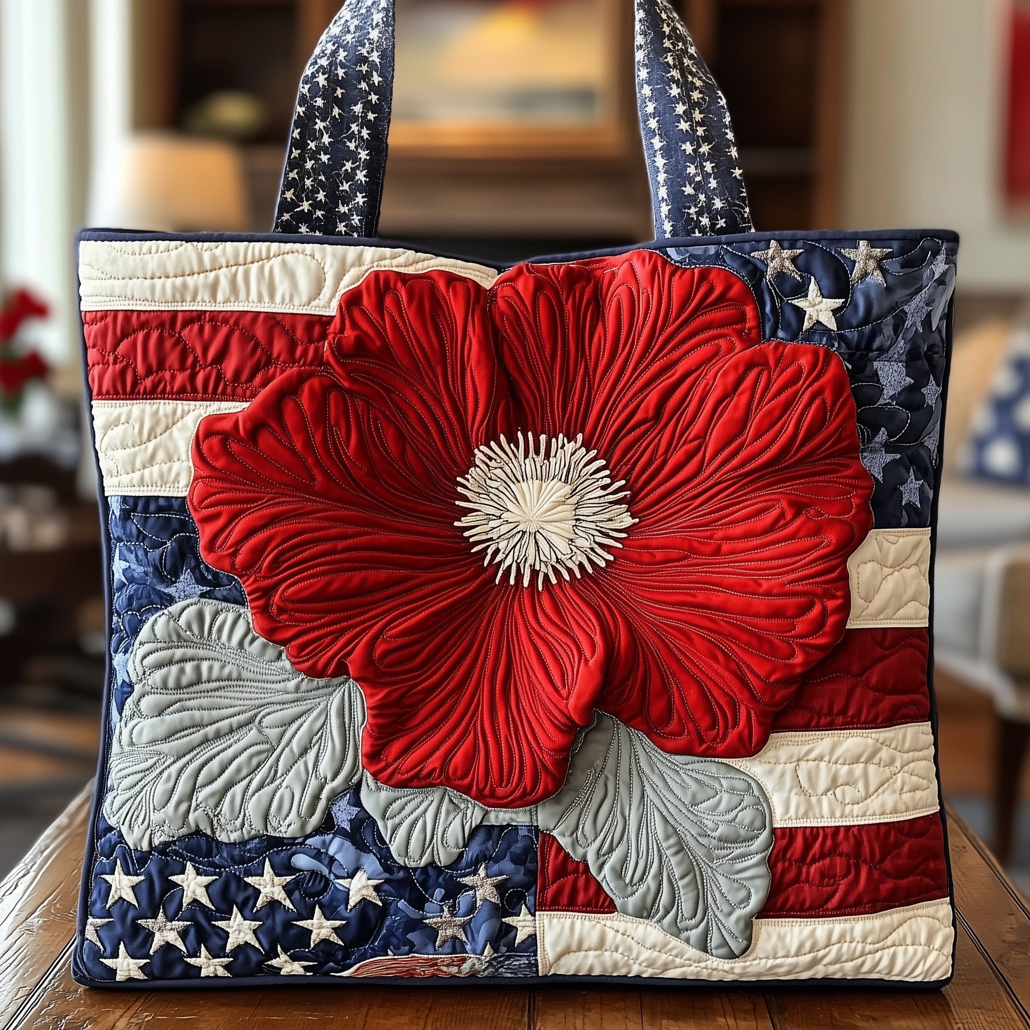 American Poppy Quilted Tote Bag USA Flag Patriotic Handbag Independence Day Gifts