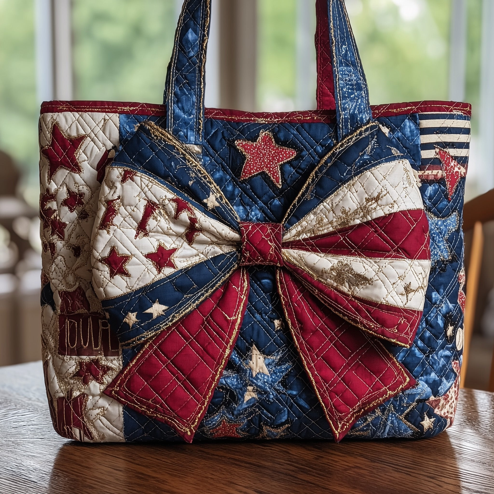 American Pride Bow Quilted Tote Bag Patriotic Shoulder Bag Fourth Of July Gifts For Her