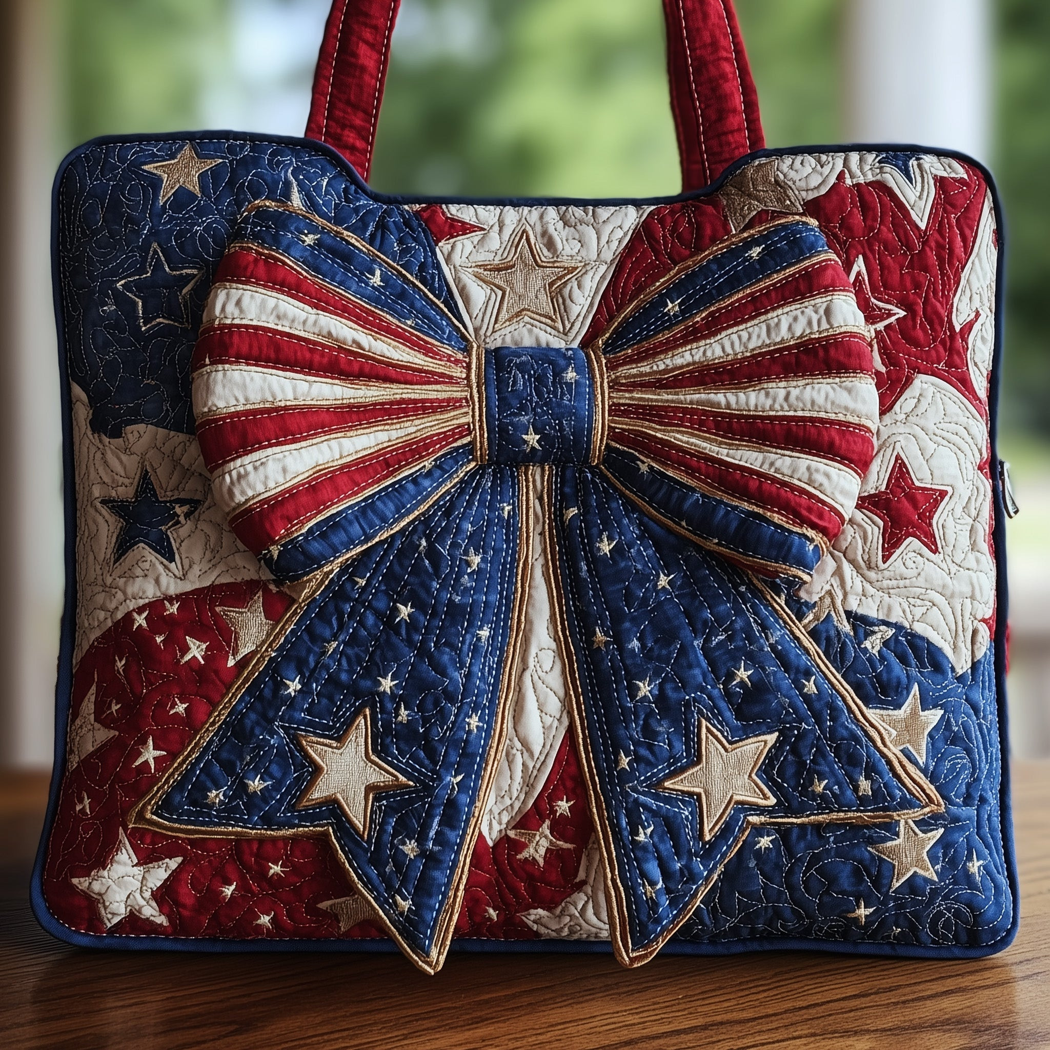 American Pride Bow Quilted Tote Bag Patriotic Shoulder Bags For Women Gifts For 4th Of July