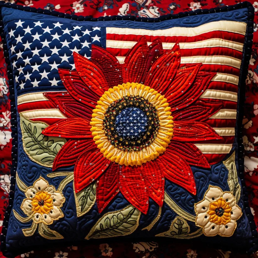 American Red Sunflower Quilted Pillow Cover Home Decoration Accent Gifts For Patriots Lover