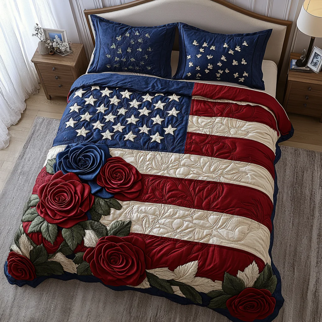 Americana Bloom Quilted Bedding Set Patriotic Bedroom Decor Fourth Of July Gifts