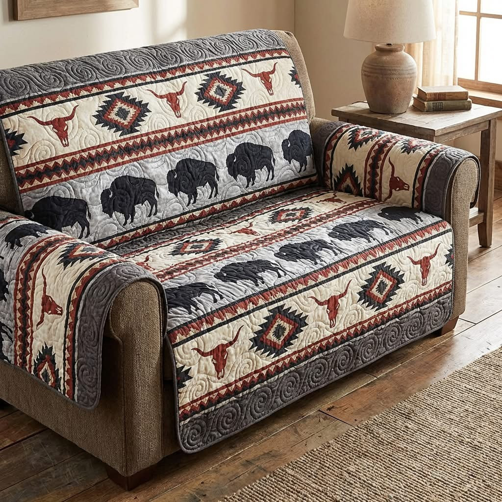 Ancestral Plains Quilted Sofa Cover Western Longhorn Furniture Protector Native American Gifts
