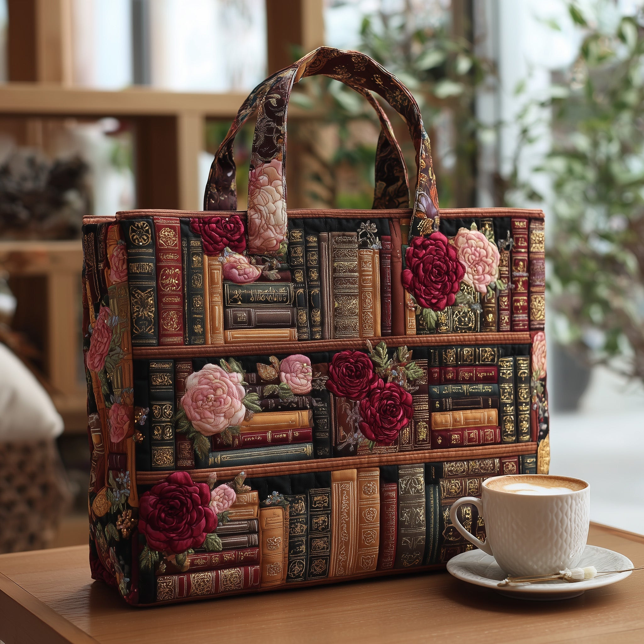 Antique Library Quilted Tote Bag Vintage Floral Shoulder Bag Book Gifts For Ladies