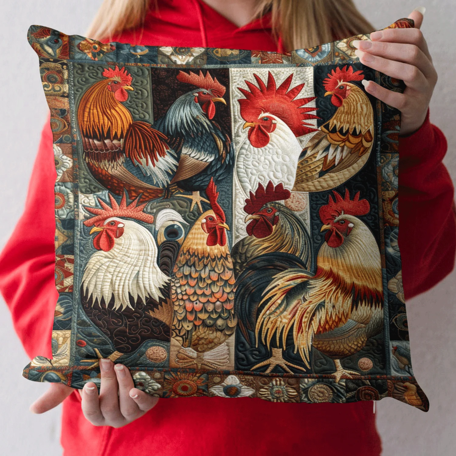 Antique Rooster Quilted Pillow Case Rustic Living Room Decoration Best Gifts For Rooster Owners