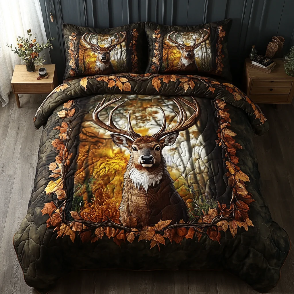 Antler Charm Quilted Bedding Set Autumn Forest Bed Sheet Set Gifts For Deer Hunter