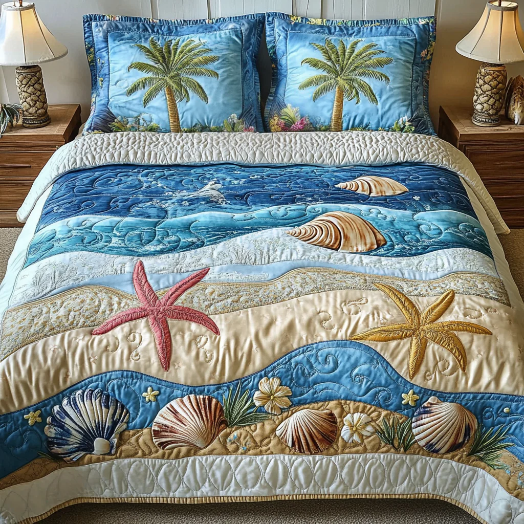 Aqua Drift Quilted Bedding Set Beach Shore Bed Sheet Set Bedroom Decor Gifts For Friends