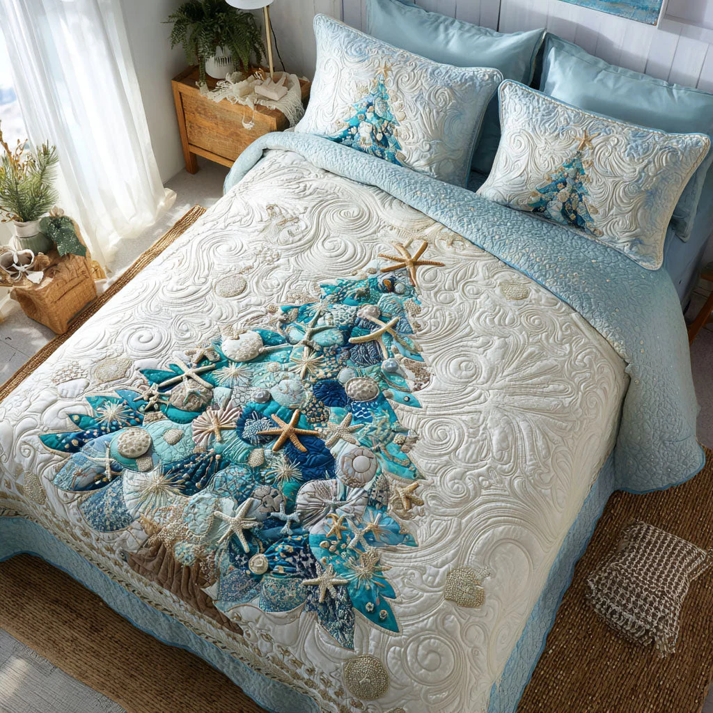Aqua Holiday Glow Quilted Bedding Set Christmas Tree Bed Sheet Set Beach Themed Bed Decor