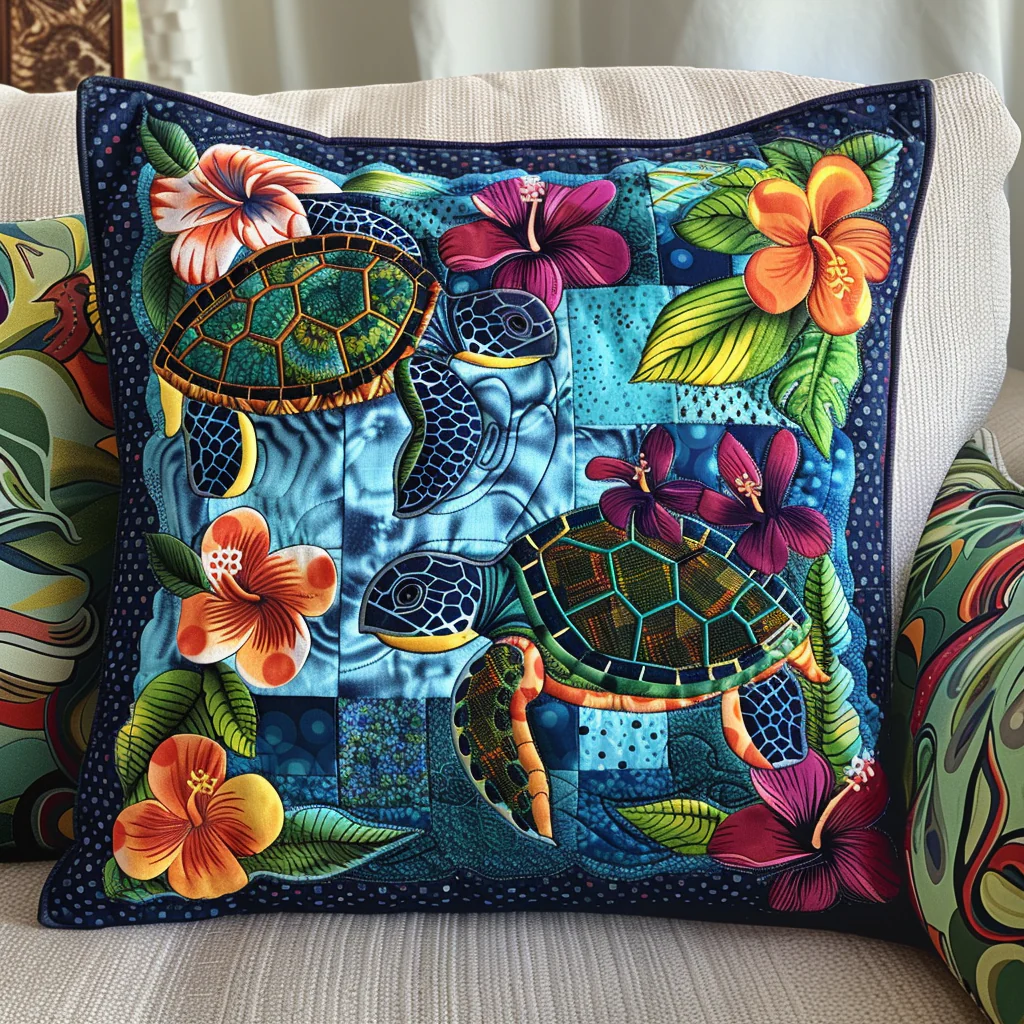 Aquatic Harmony Quilted Pillow Case Coastal Home Decoration Cute Turtle Lover Gift Ideas
