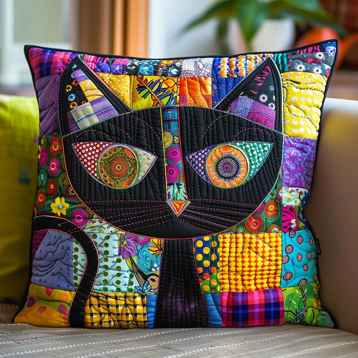 Artful Black Cat Quilted Pillow Case Colorful Home Decoration Pillow Presents For Cat Owners