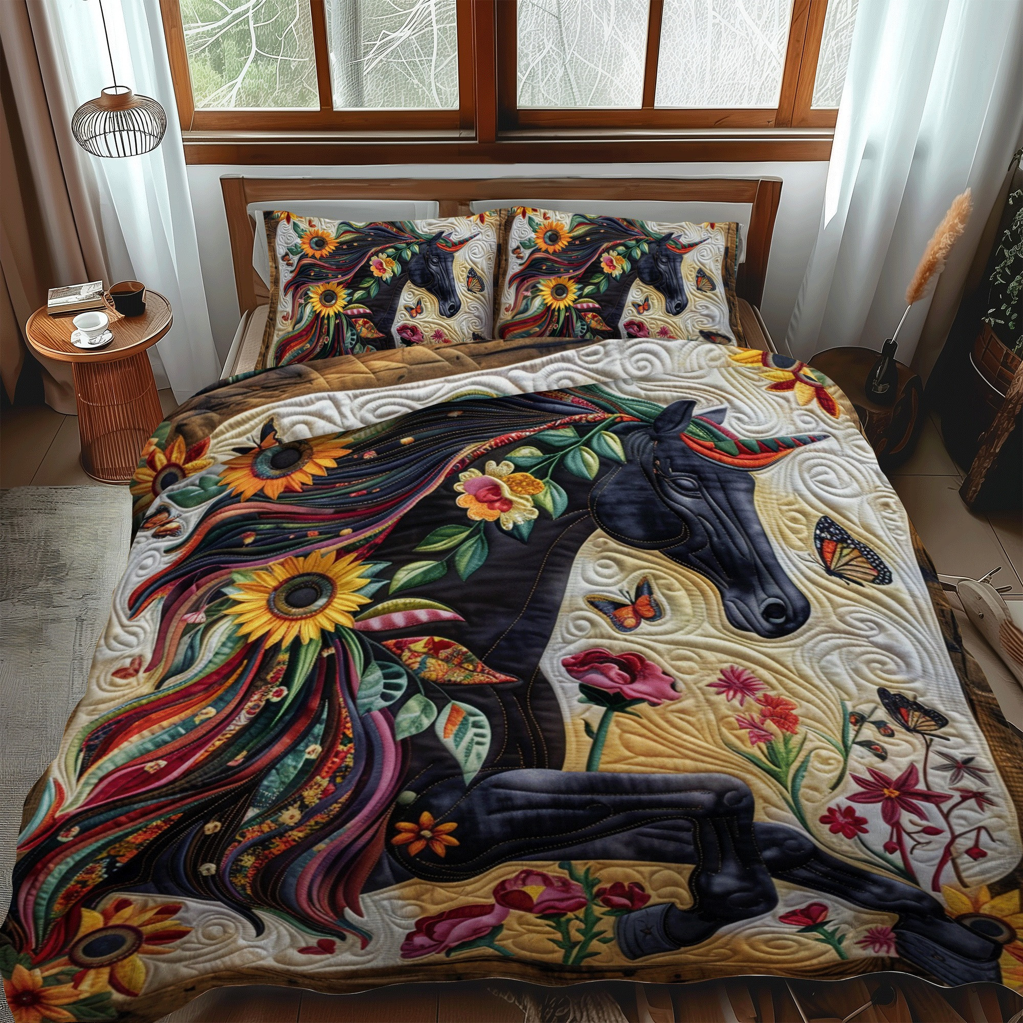 Artistic Mythical Steeds Quilted Bedding Set Floral Colorful Bedspread Set Horse Themed Gifts