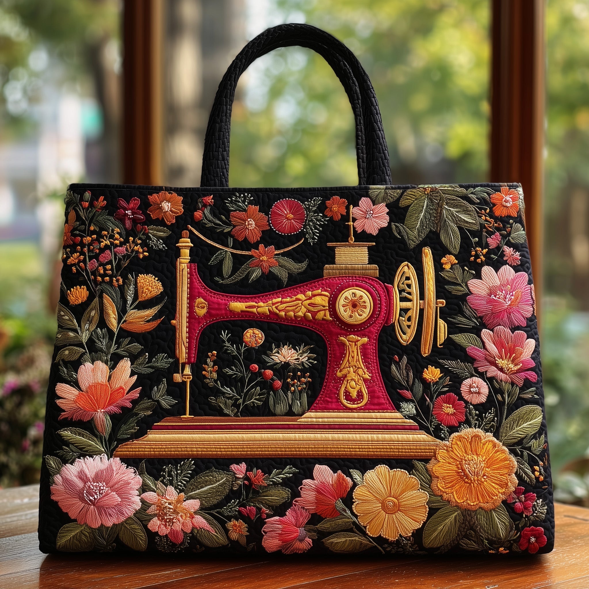 Artistic Sewing Machine Quilted Tote Bag Floral Shoulder Bag Gift Ideas For Sewers For Women