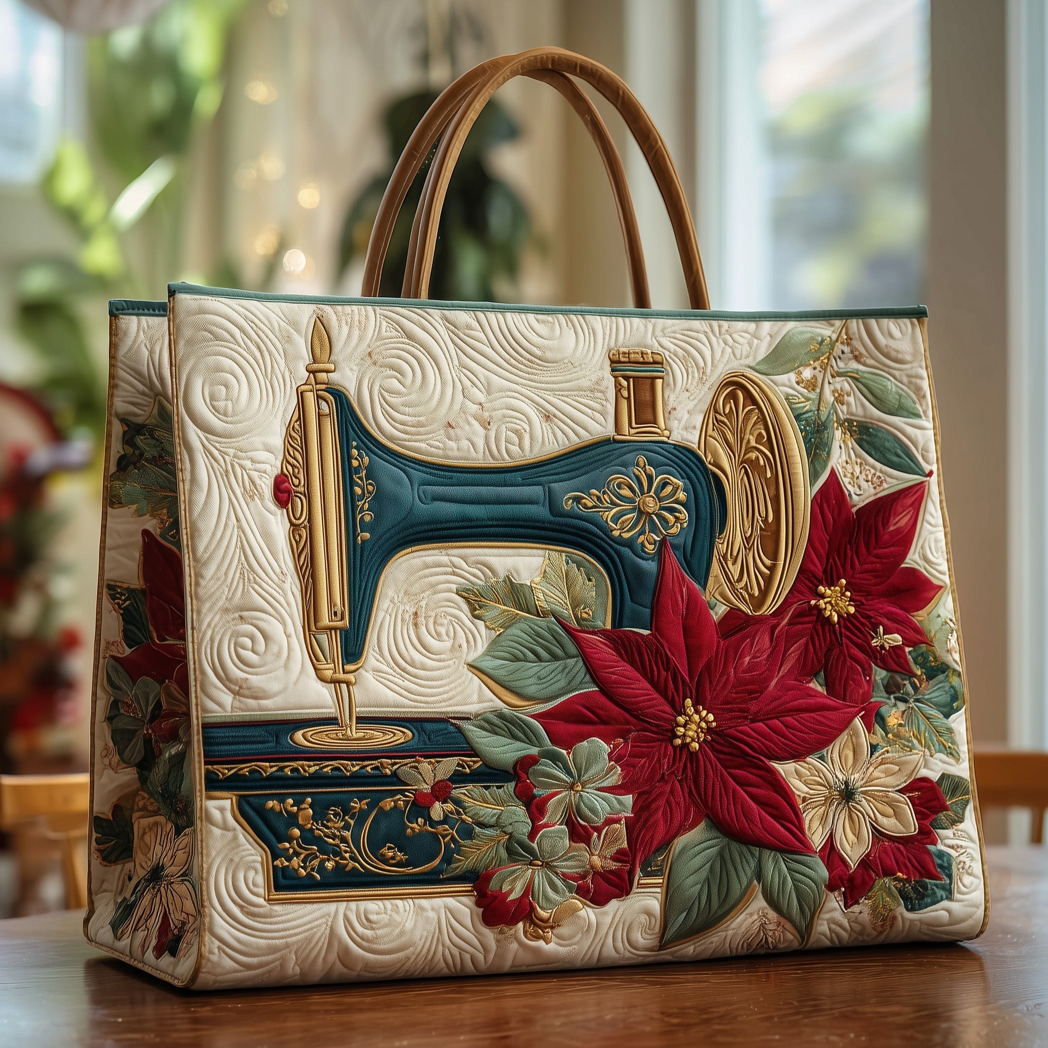 Artistic Sewing Machine Quilted Tote Bag Poinsettia Floral Shoulder Bag Gifts For Sewing Lovers