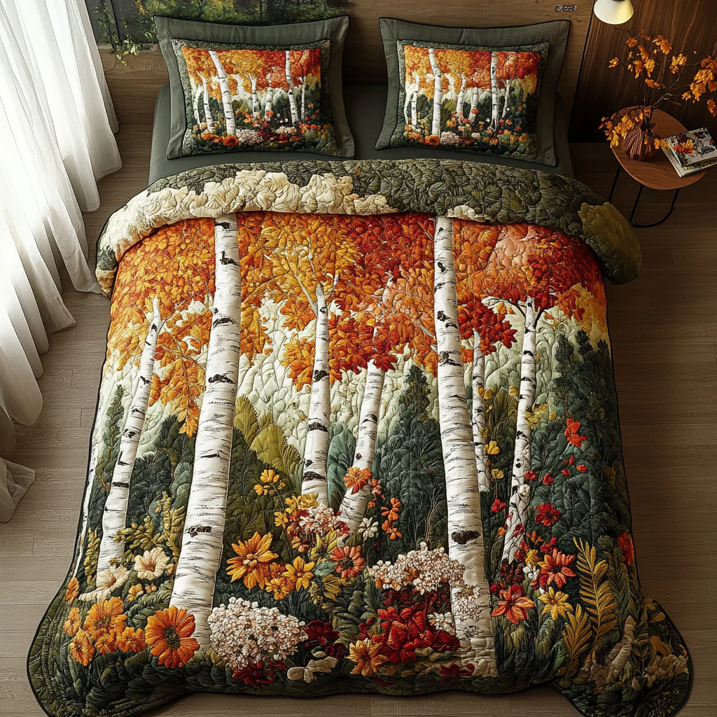 Aspen Escape Quilted Bedding Set Autumn Forest Bedspread Set Unique Gifts For Family