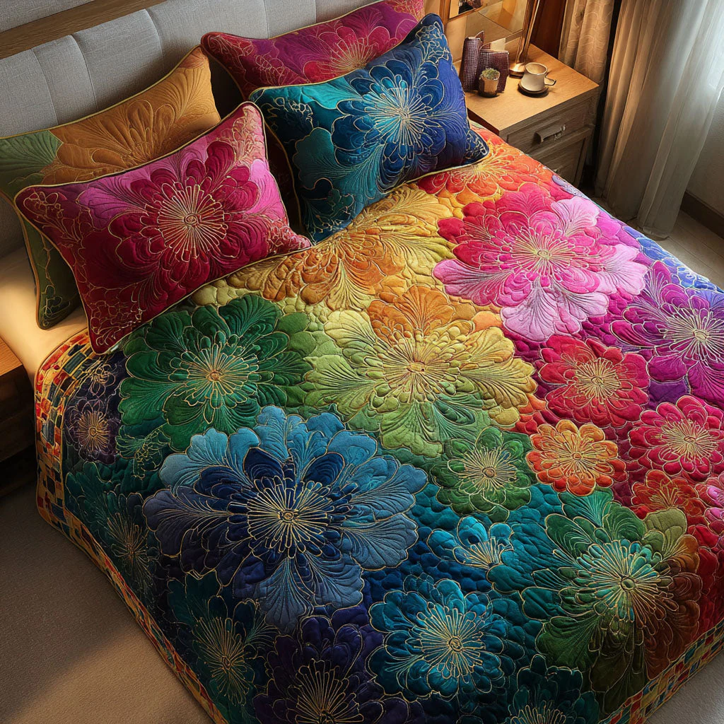 Aurora Bloom Quilted Bedding Set Colorful Floral  Bedspread Set Gifts Ideas For Friends