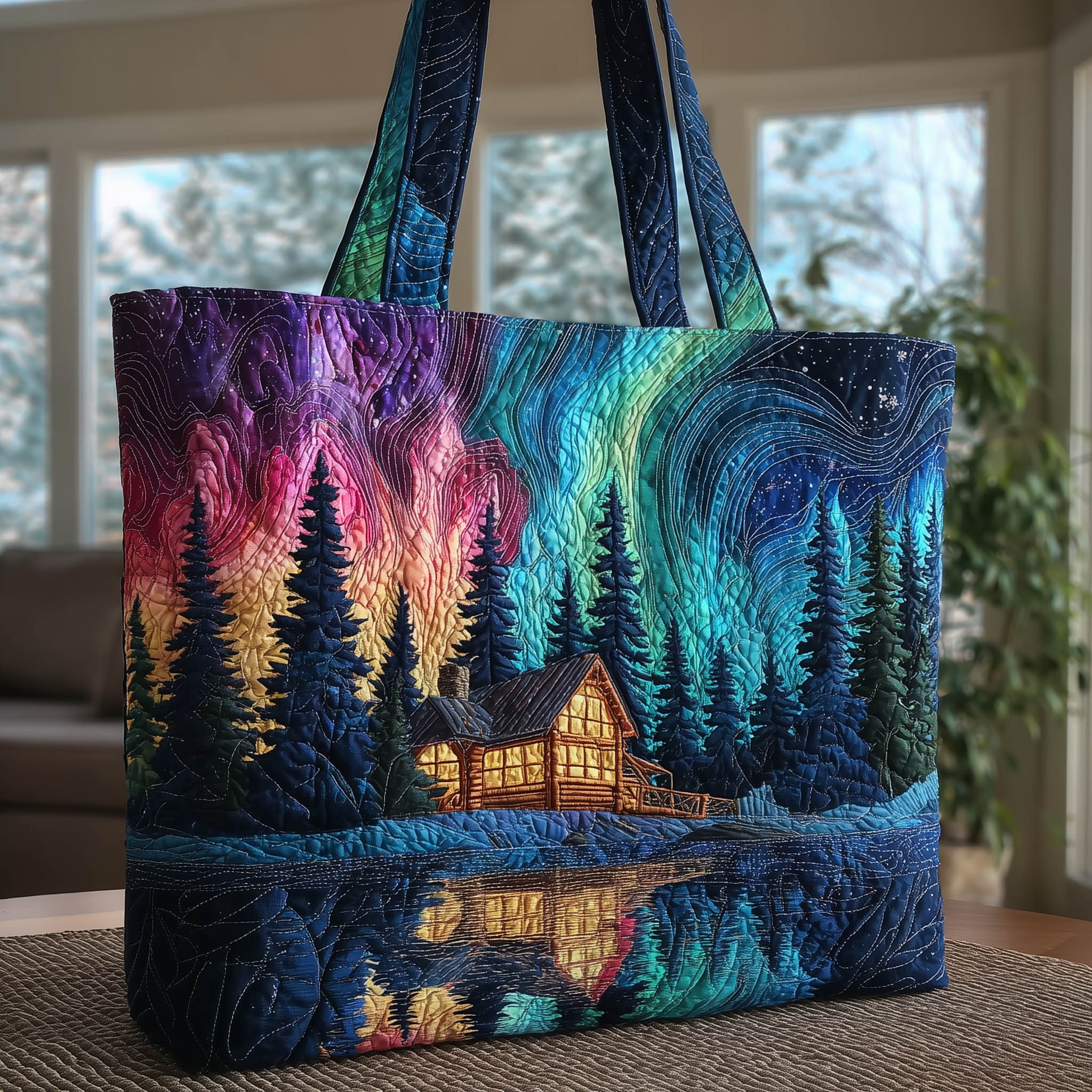 Aurora Borealis Quilted Tote Bag Forest Scene Shoulder Bag Unique Gifts For Wife