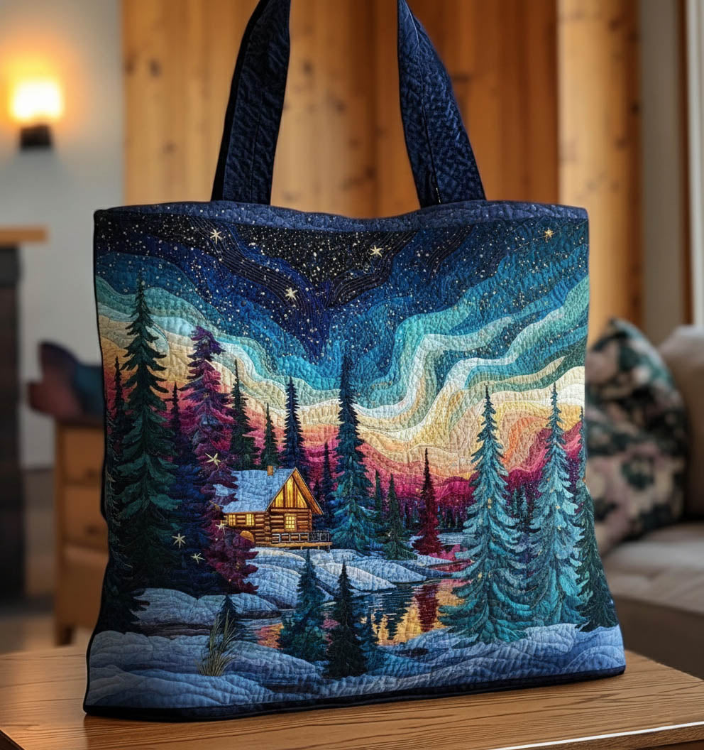 Aurora Borealis Quilted Tote Bag Winter Forest Scene Handbag Birthday Gifts For Her