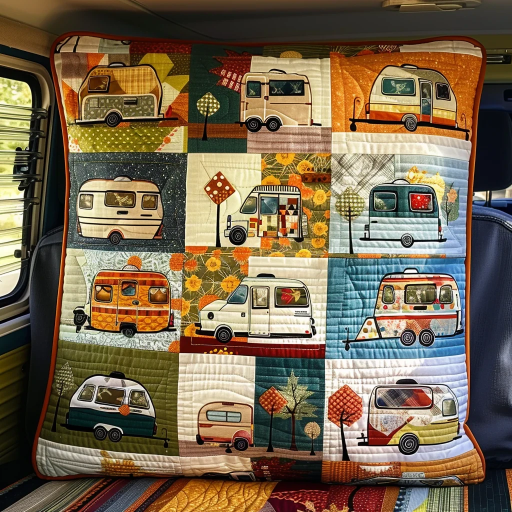 Autumn Camper Vans Quilted Pillow Case Fall Road Trip Home Decor Gift for Camping Lovers