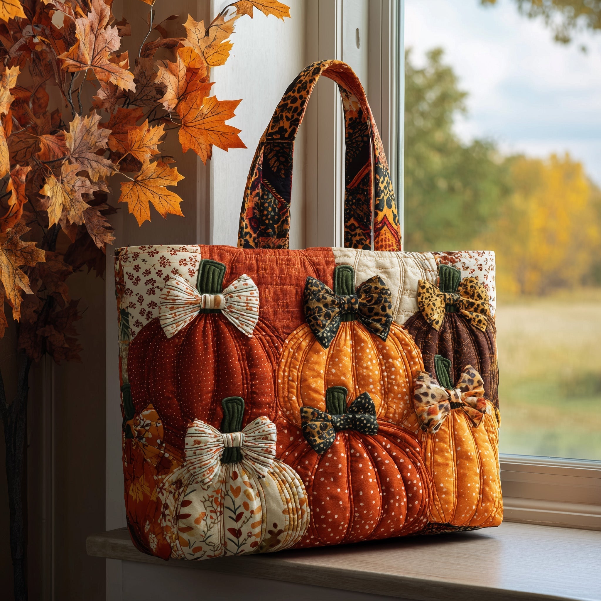 Autumn Charm Quilted Tote Bag Pumpkin Shoulder Bag Great Gifts For Wife