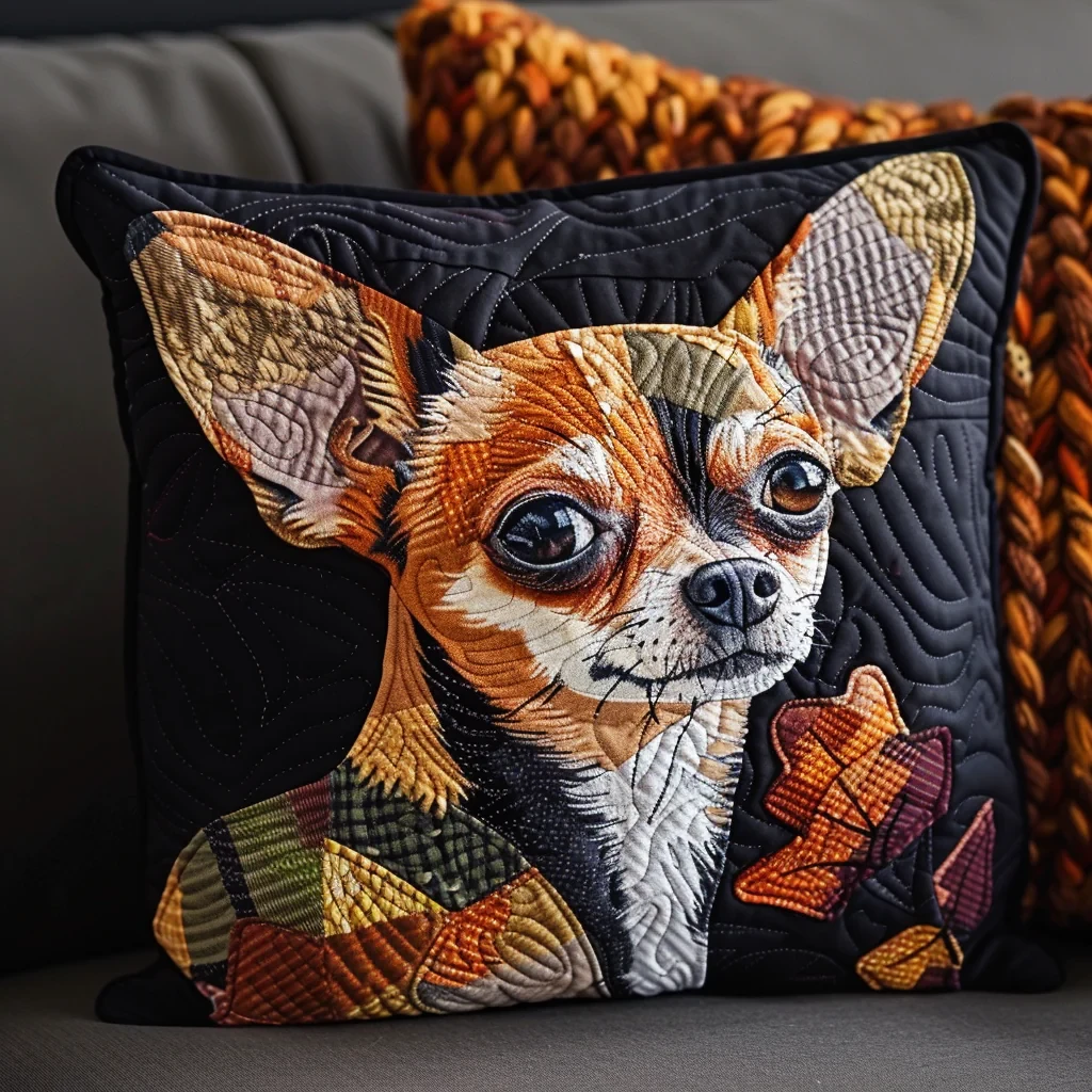Autumn Chihuahua Quilted Pillow Case, Fall Dog Throw Cover Gift for Chihuahua Lovers