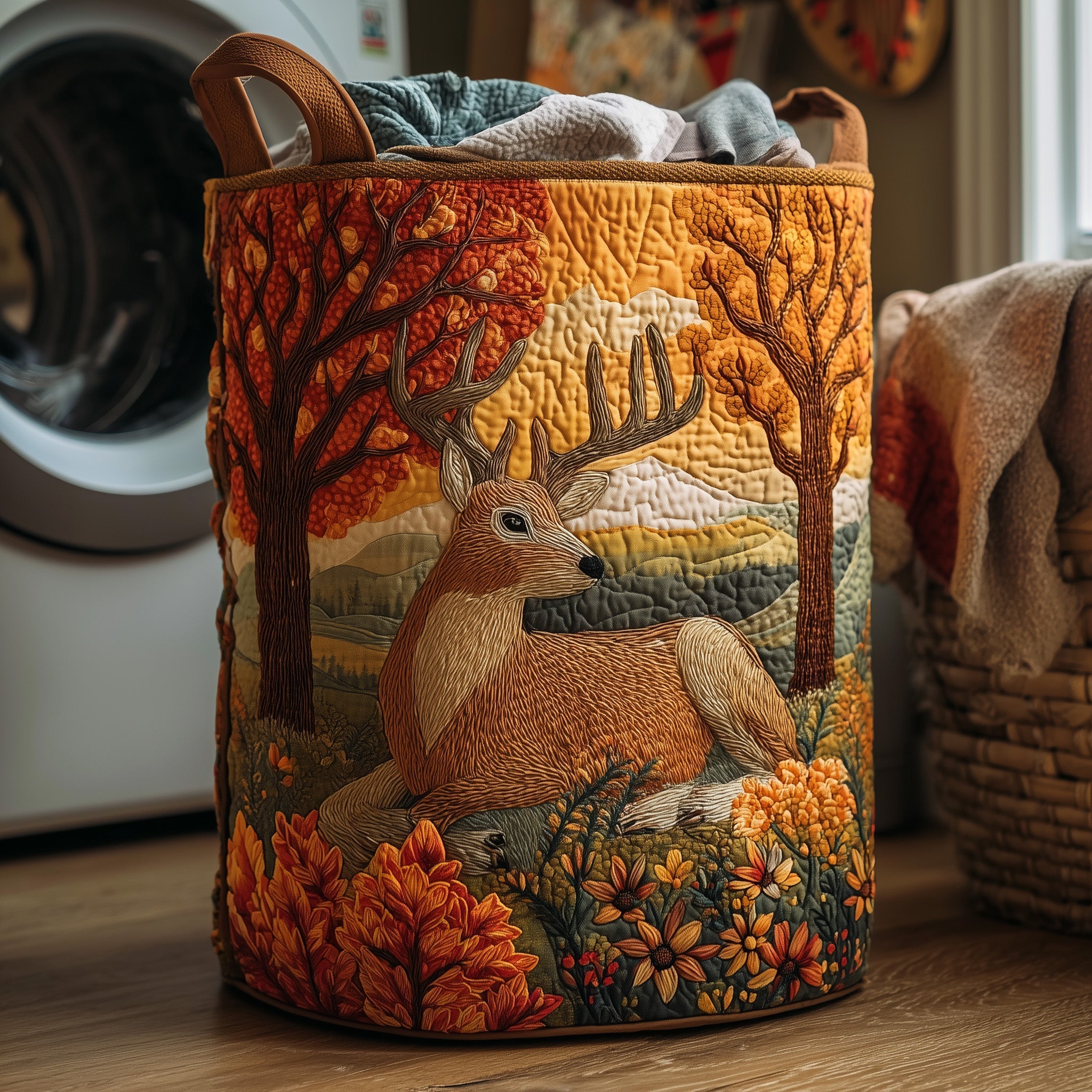 Autumn Deer Quilted Laundry Basket Unique Clothes Hamper Gifts For Deer Lovers Home Decor
