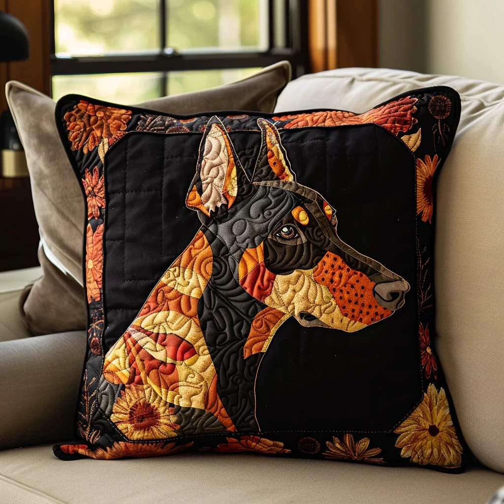 Autumn Doberman Bliss Quilted Pillowcase Patchwork Dog Pillow Cover Perfect Gift For Dog Lovers
