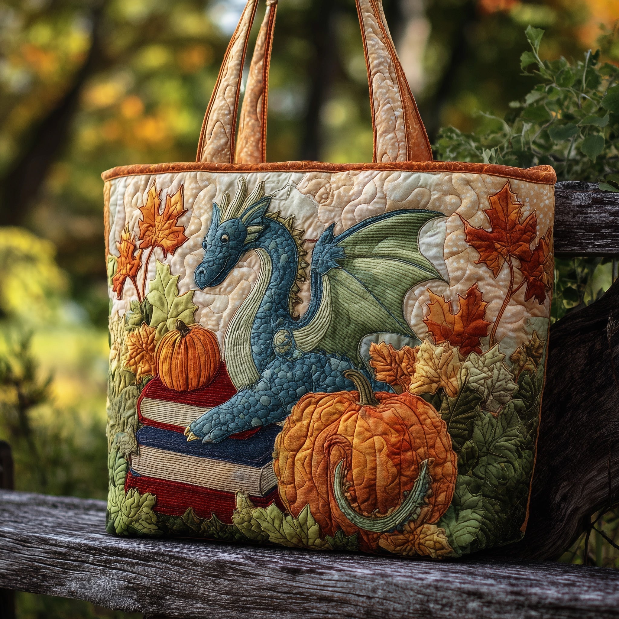 Autumn Dragon Quilted Tote Bag Bookworm Shoulder Bag Dragon Lovers Gifts