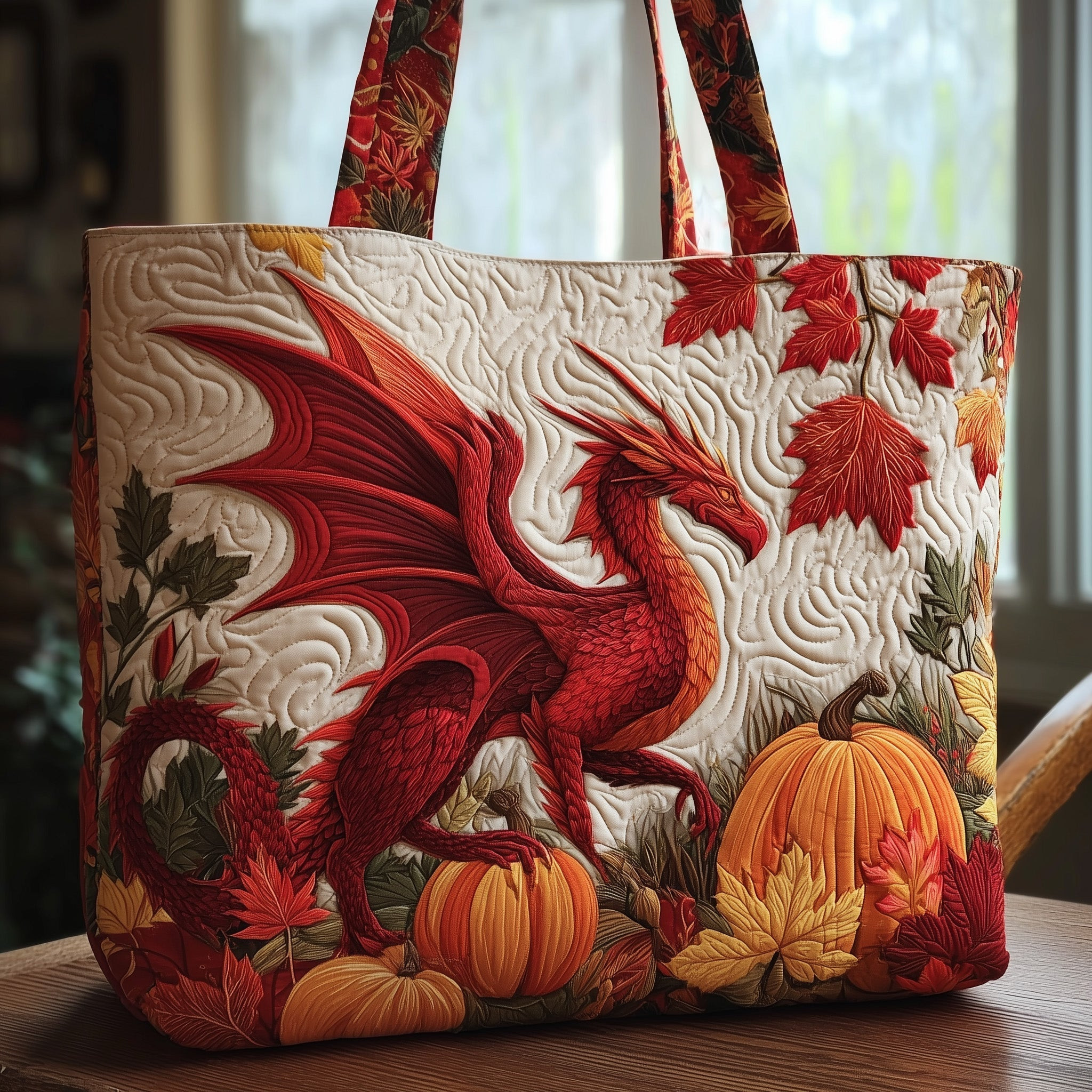 Autumn Dragon Quilted Tote Bag Mythical Fall Shoulder Bag For Women Dragon Themed Gifts
