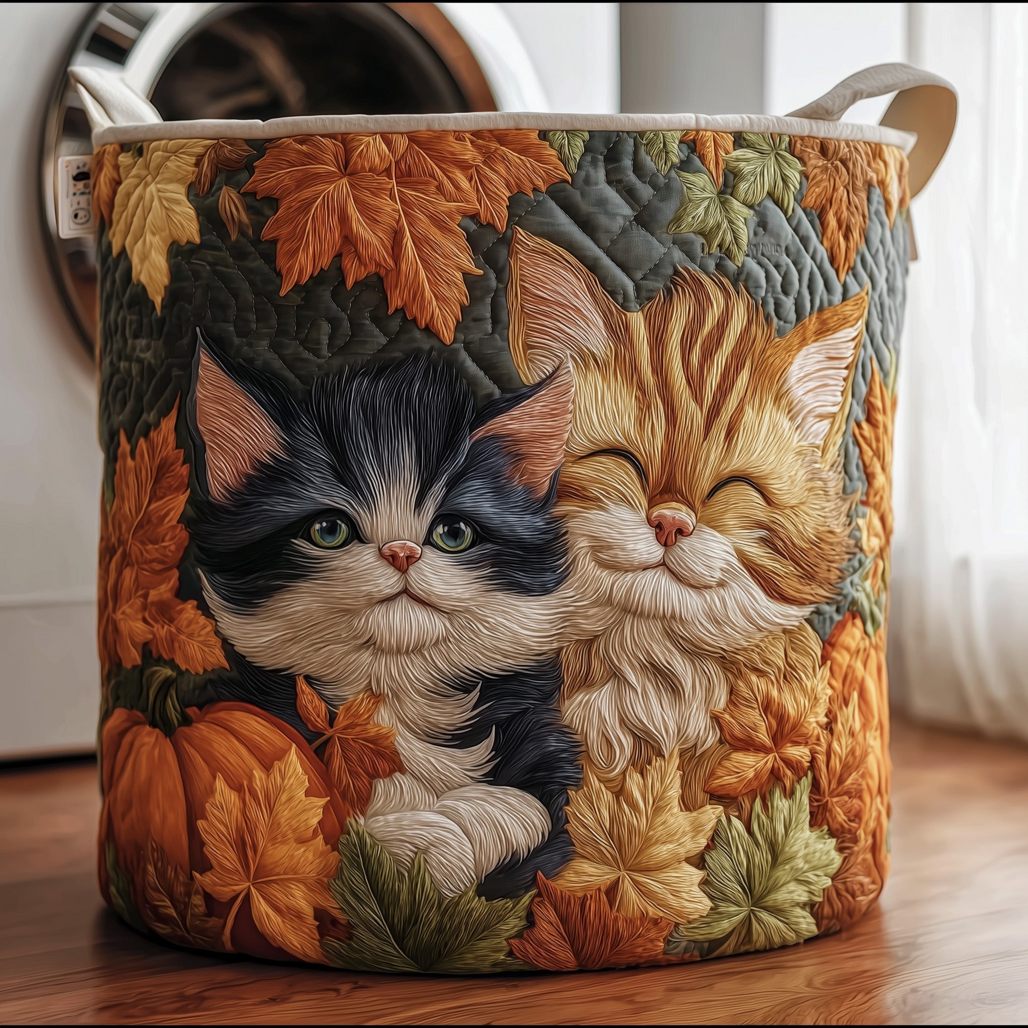 Autumn Dreamy Cat Quilted Laundry Basket Cute Kitten Clothes Hamper Laundry Room Decor