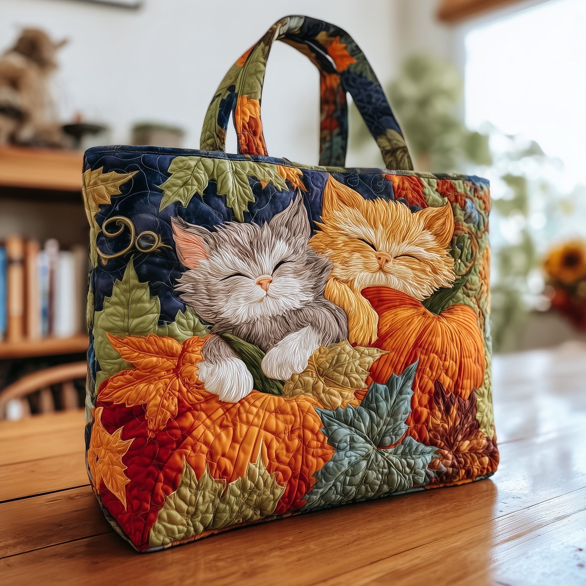 Autumn Dreamy Cat Quilted Tote Bag Cute Animal Shoulder Bag Gifts Ideas For Cat Lovers