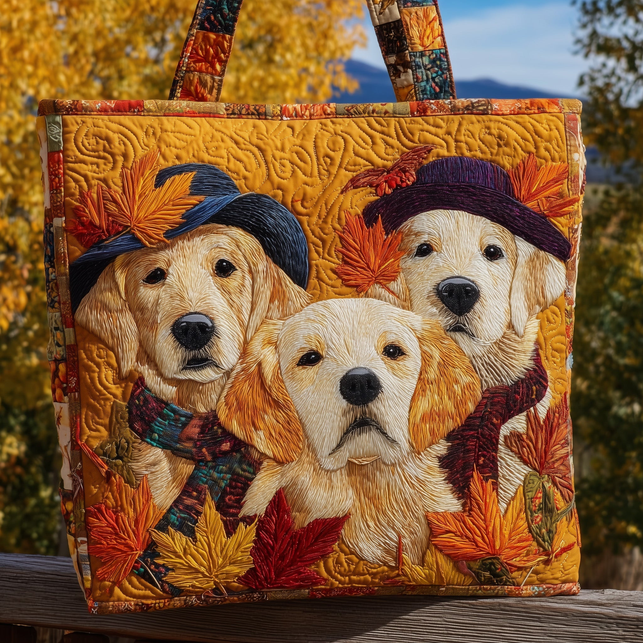 Autumn Golden Buddy Quilted Tote Bag Cute Tote Bags For Women Golden Retriever Items Gifts