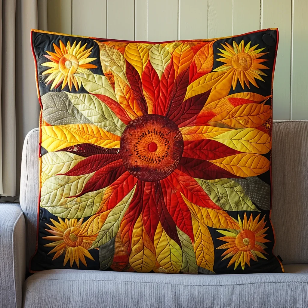 Autumn Leaves Sunflowers Autumn Leaves Quilted Pillow Case Gift for Sunflower Lovers