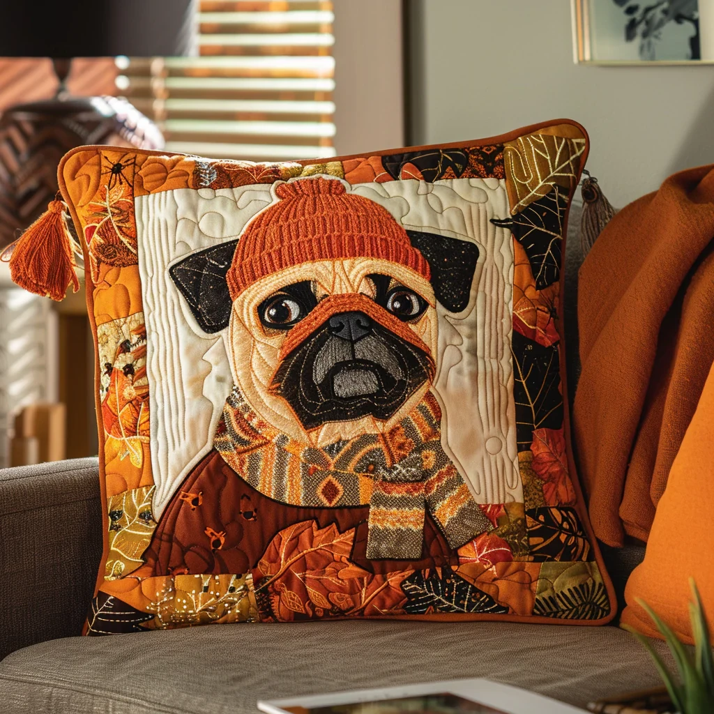 Autumn Pug Quilted Pillow Case Cozy Farmhouse Living Room Decor Gift for Pet Lovers