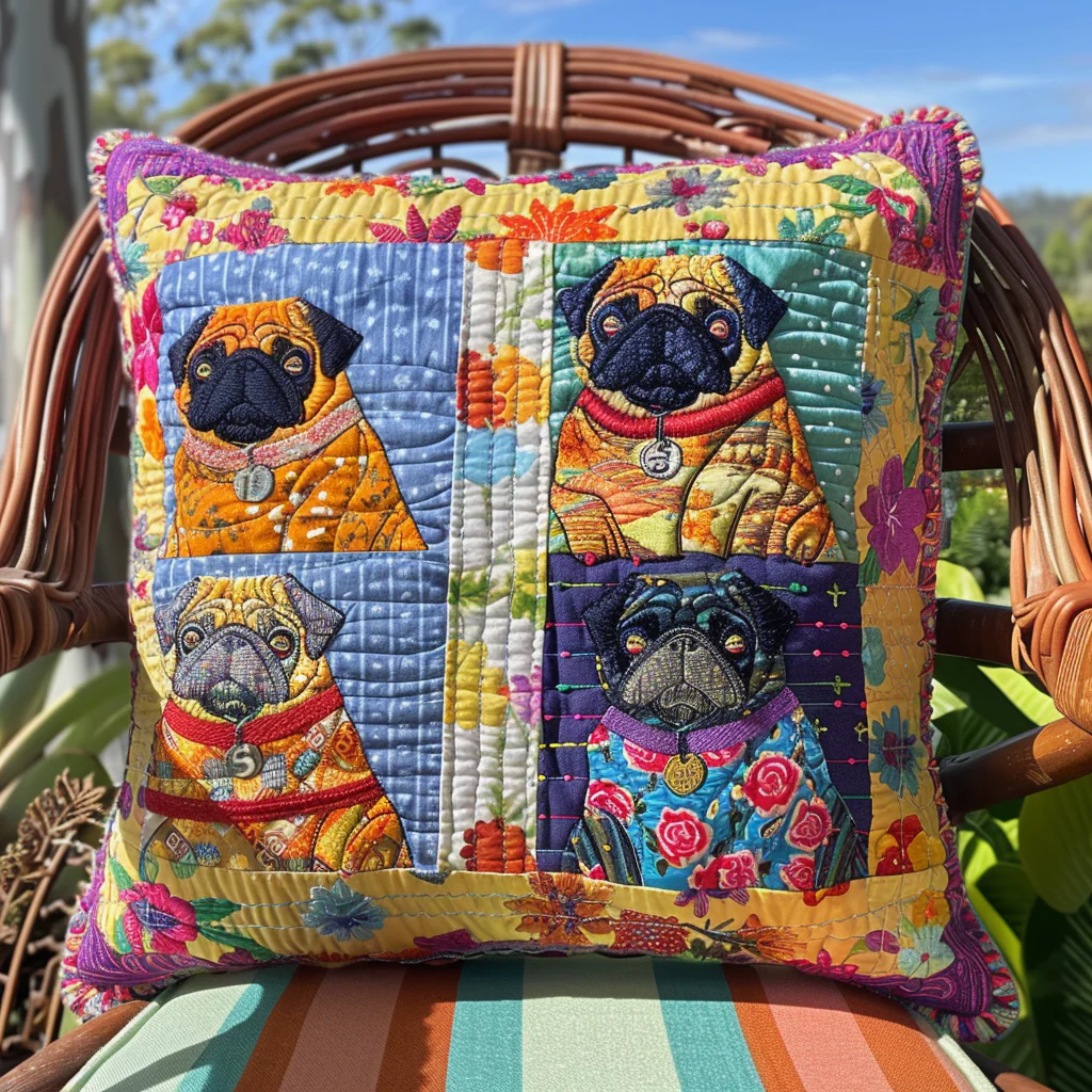 Autumn Pugs Quilted Pillow Case Fall Dog Throw Pillow Cover, Gifts For Dog Lovers