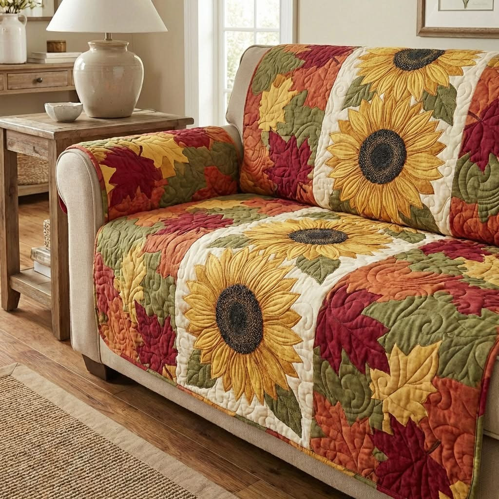 Autumn Sun Bloom Quilted Sofa Cover Sunflower Furniture Protector Home Decor Gifts Ideas