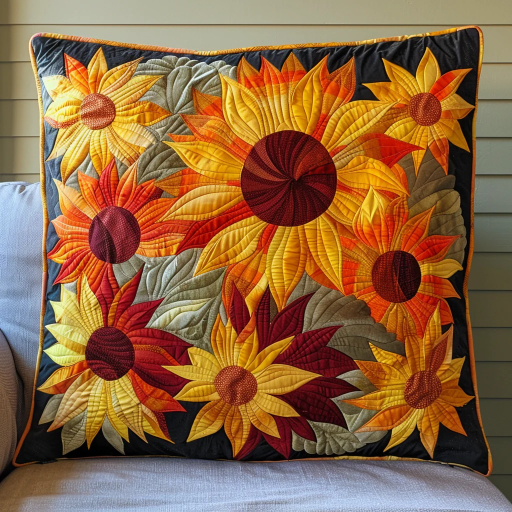 Autumn Sunflowers Quilted Pillow Case Floral Farmhouse Cushion Case Housewarming Gift Idea