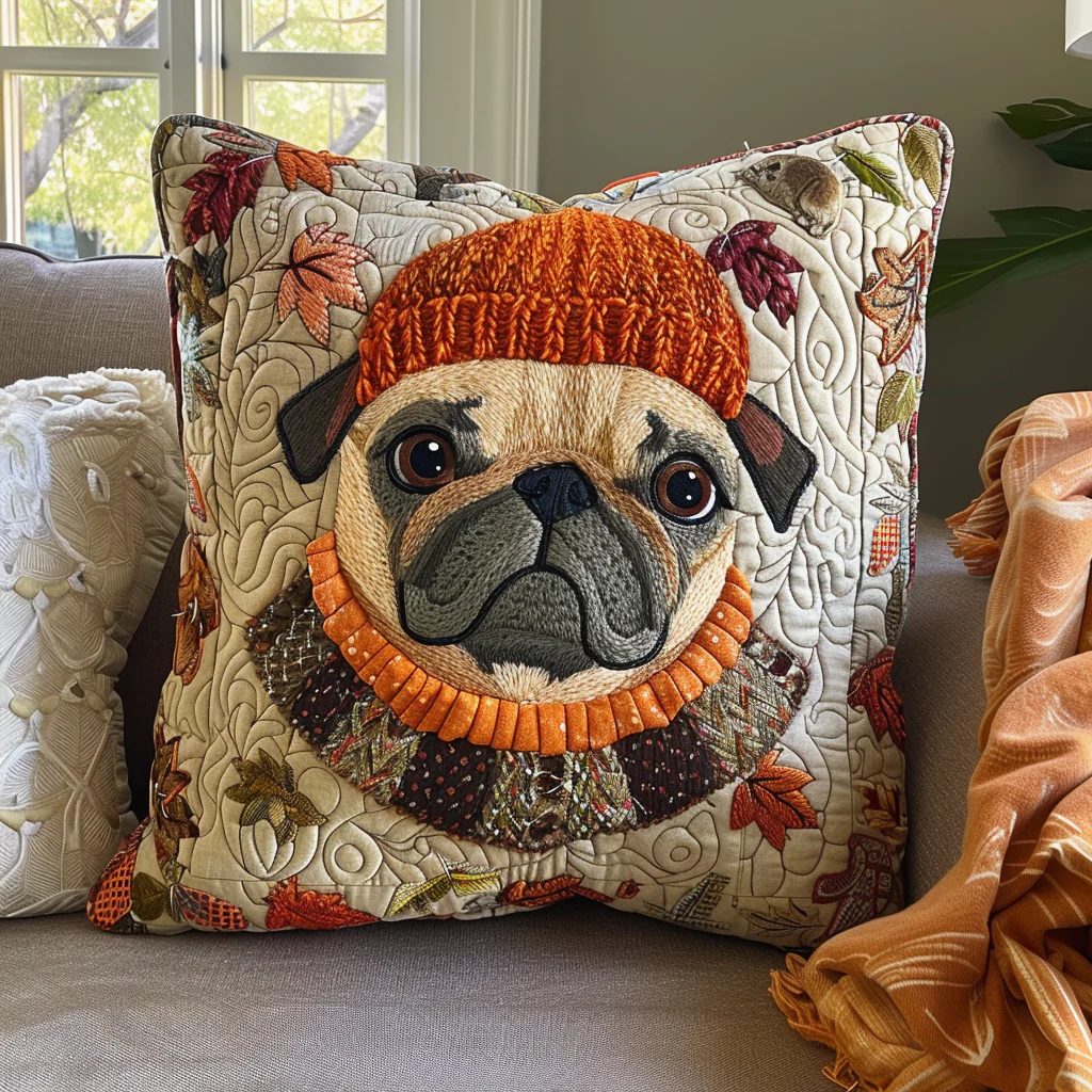Autumn Vibe Pug Quilted Pillow Case Fall Pug Pillow Cover Gifts For Dog Owners