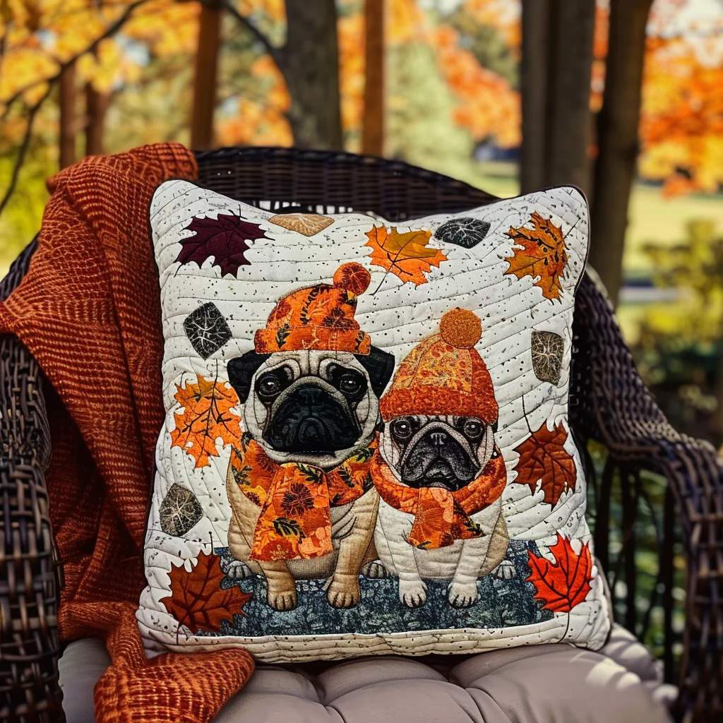 Autumn Vibe Pugs Quilted Pillow Case Cute Pug Decorative Cushion Birthday Gift for Dog Moms
