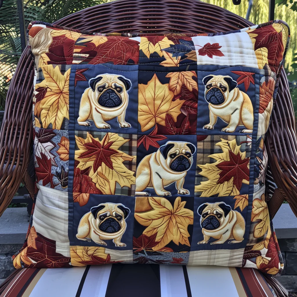 Autumn Vibe Pugs Quilted Pillow Case Fall Dog Decor Pillow Housewarming Gift for Her