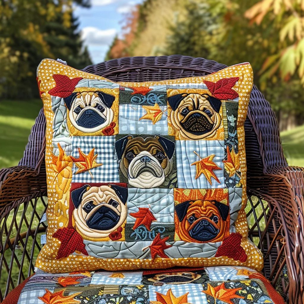 Autumn Vibe Pugs Quilted Pillow Case Fall Dog Patchwork Cushion Cover Gift for Dog Lovers