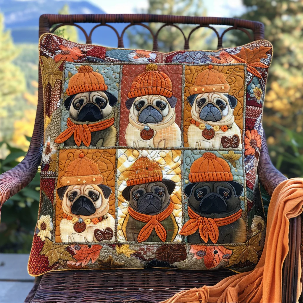 Autumn Vibe Pugs Quilted Pillow Case Fall Dog Throw Pillow Cover Gift for Pug Lovers