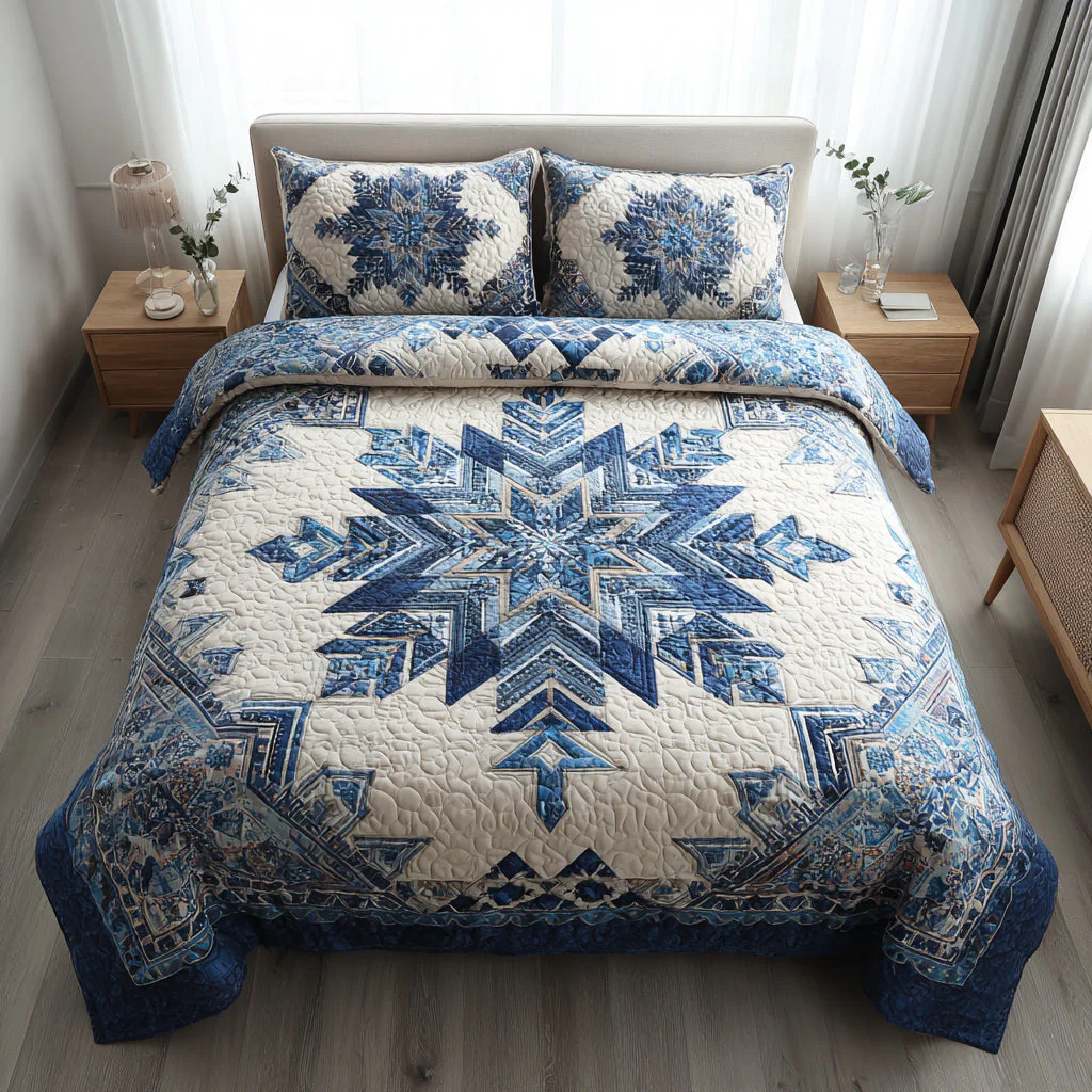 Azure Snowflake Burst Quilted Bedding Set Christmas Bedding Duvet Cover Gifts For Family