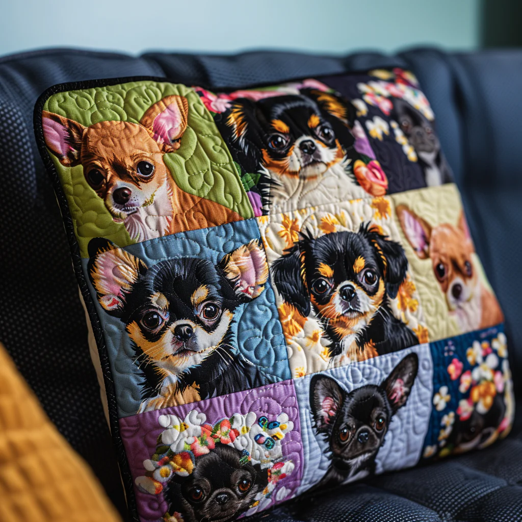 Baby Chihuahua Quilted Pillow Case Patchwork Puppy Cushion Cover Gift For Chihuahua Lover