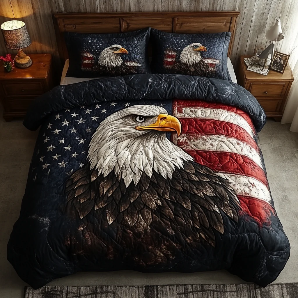 Bald Eagle Majesty Quilted Bedding Set American Flag Patriotic Bed Decor 4th Of July Gifts