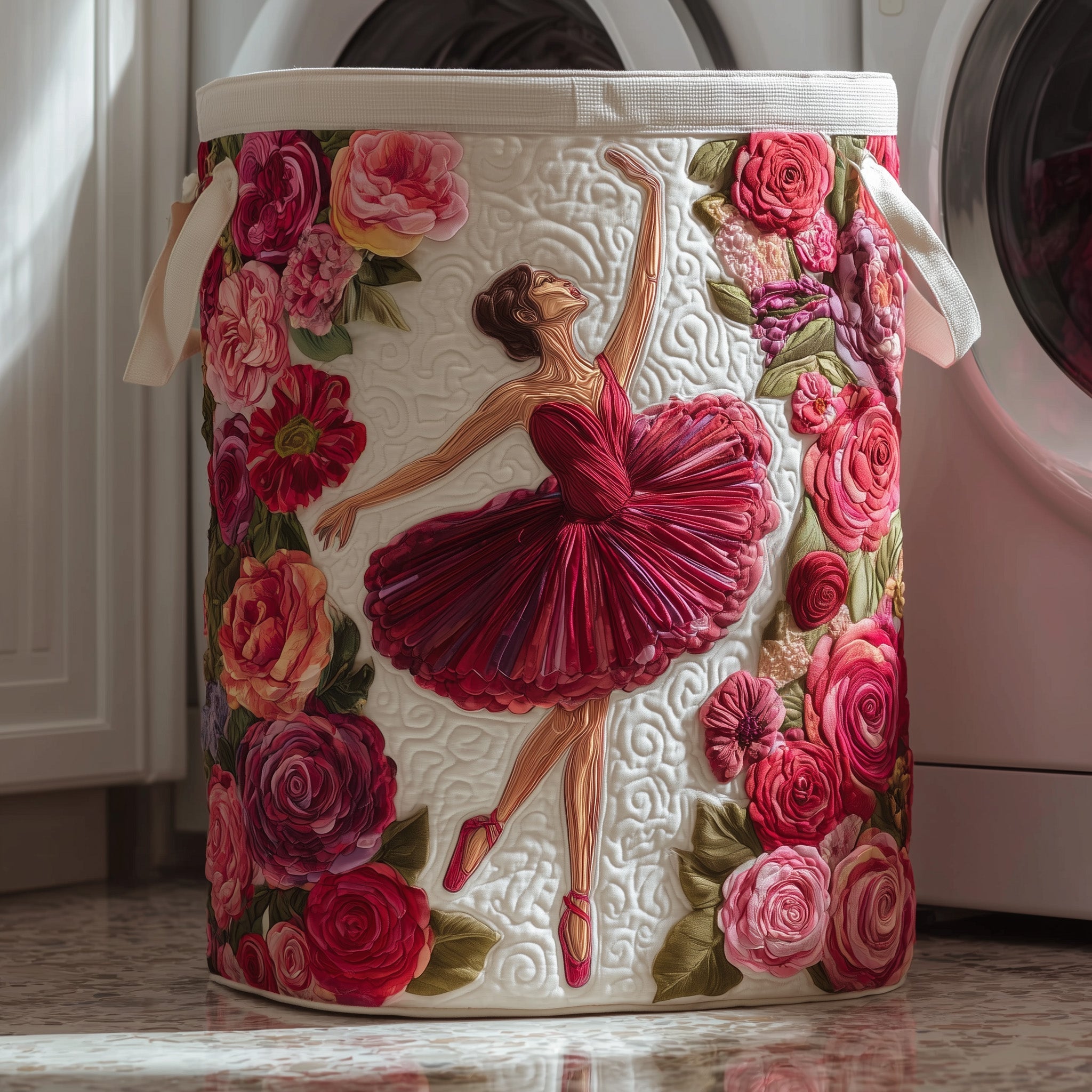 Ballerina Quilted Laundry Basket Elegant Rose Hamper Basket Gifts For Ballet Lovers