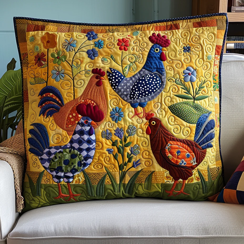 Barnyard Beauties Quilted Pillow Case Farm Chickens Pillow Cover Cozy Gift for Her